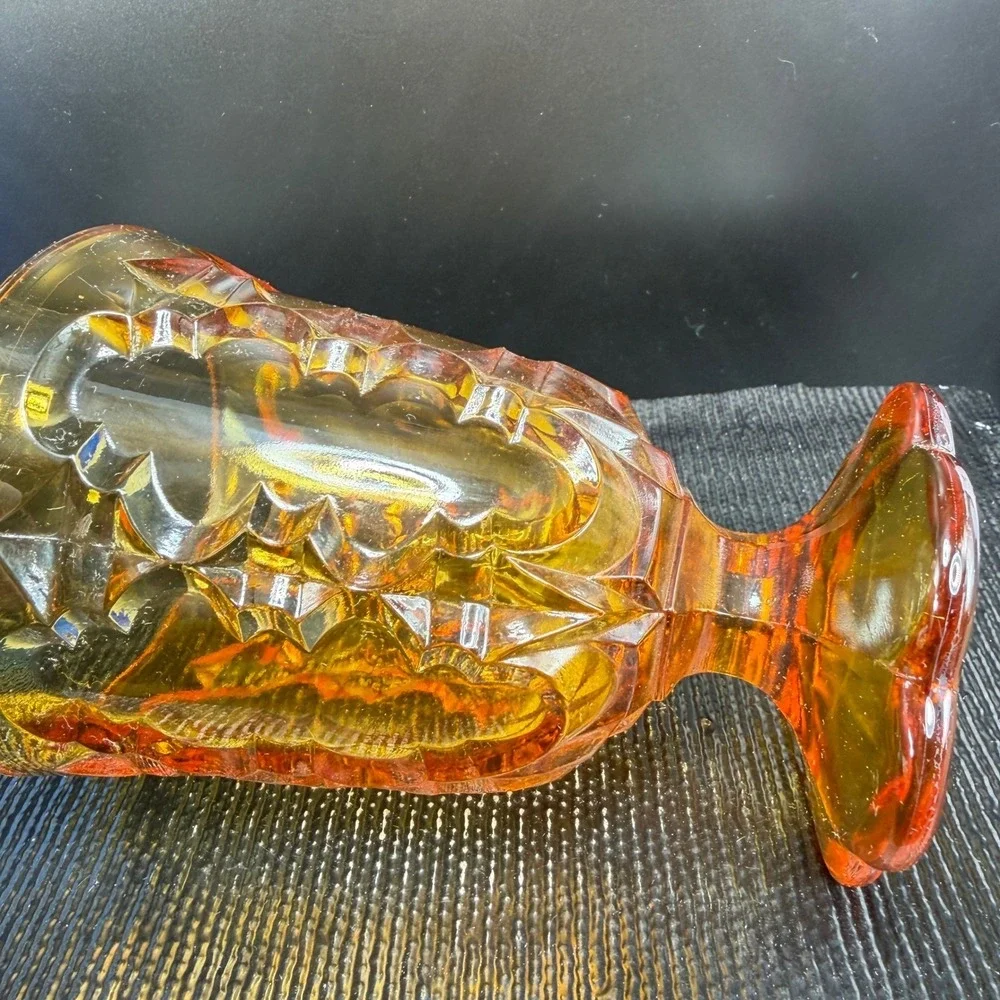 Vintage Amber Glass Goblet Diamond Starburst Footed Water Glass Cup VTG Decor‎